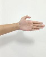 Closeup female hands reaching for each other, help, shaking hands, sign arm and hand isolated on a white background copy space symbol language photo