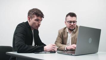 Two versatile business analysts discussing data management using a laptop. Concept consulting, training, and client support through online technologies during an office meeting video