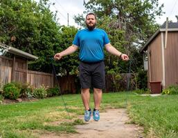 A plus-size man using a jump rope in his backyard with worn sneakers, working hard on uneven terrain. photo