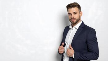 A sharp, confident businessman in a formal suit, leaning against a white background. Ideal for business, finance, and corporate branding. photo