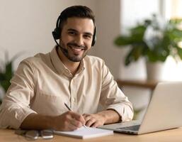 A smiling man wearing a headset and sitting at a desk with a laptop photo