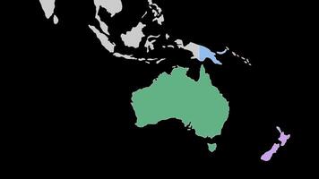 Australia Map. World map animation connecting all continents into a single world map with zoom in color map of Australia with country borders in the background with alpha channel. Motion design. video