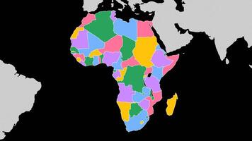 Africa Map. World map animation connecting all continents into a single world map with zoom in color map of Africa with country borders in the background with alpha channel. Motion design. video