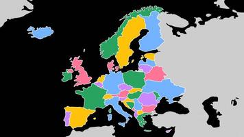 Europe Map. World map animation connecting all continents into a single world map with zoom in color map of Europe with country borders in the background with alpha channel. Motion design. video