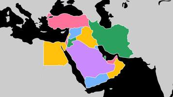 Middle East Map. World map animation connecting all continents into a single world map with zoom in color map of Middle East with country borders in the background with alpha channel. Motion design. video