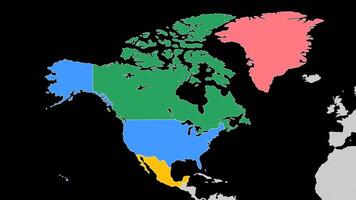 North America Map. World map animation connecting all continents into a single world map with zoom in color map of North America with country borders in the background with alpha channel. video