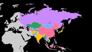 Asia Map. World map animation connecting all continents into a single world map with zoom in color map of Asia with country borders in the background with alpha channel. Motion design. video