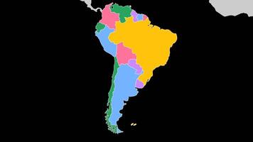 South America Map. World map animation connecting all continents into a single world map with zoom in color map of South America with country borders in the background with alpha channel. video