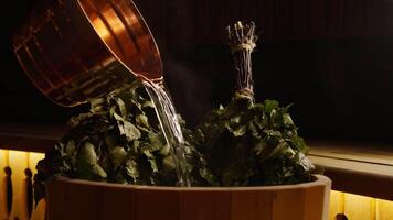 Professional Bath Attendant Steaming Birch Brooms For Use In Steam Bath Or Sauna, Closeup View video