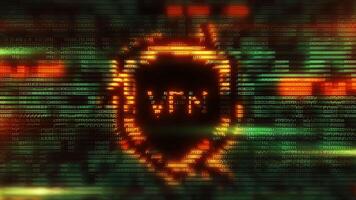 VPN shield protecting data stream on digital display with green binary code video