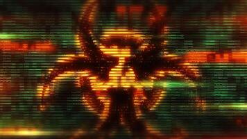 Biohazard symbol emerging from digital rain of binary code video