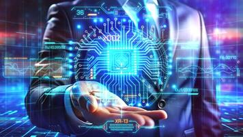 Businessman holding a futuristic microchip and circuitry with data graphs video