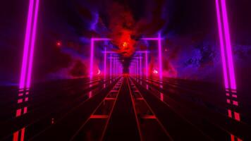 Long tunnel with red and purple lights and long line of tracks. Loop animation video