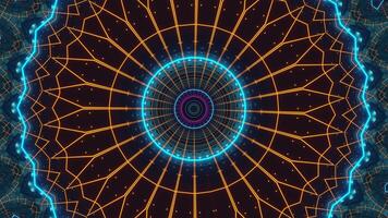 Circular object with green and blue center surrounded by yellow lines. Kaleidoscope VJ loop video