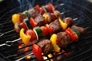 Grilling colorful skewers with vegetables and meat over hot coals on a summer evening photo