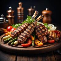 Grilled lamb chops and colorful vegetables served on wooden platter at a rustic dining table photo