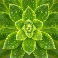 Close up view of a succulent plant showing vibrant green leaves adorned with water droplets photo