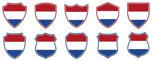 set collections Netherlands flag in shield badge icon. Netherlands flag symbol of powerful country. Netherlands independence day emblem label sticker design template illustration vector