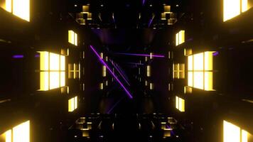 Yellow and Purple Cyber Tunnel with Glowing Neon Lines and Squares Background VJ Loop in 4K video