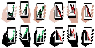 Set holding phone show Graph going Up and Down icon. investment sign. Business sales bar chart symbol design illustration vector