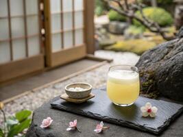Enjoying a refreshing yuzu cocktail in a serene garden setting during a sunny afternoon photo