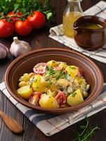 Fresh vegetable salad with potatoes and herbs served in rustic bowl photo