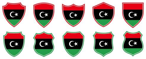 set collections libya flag in shield badge icon. libya flag symbol of powerful country. libya independence day emblem label sticker design template illustration vector