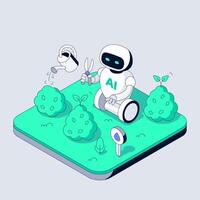 Autonomous Robot Gardener waters plants and trims Bushes. Smart Ai monitors soil moisture with sensors. Sustainable technology improves eco friendly garden maintenance. Isometric illustration vector