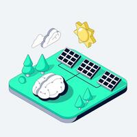 Artificial intelligence manages Solar power system remotely. Bright sun charges photovoltaic panels for clean operation. Smart brain ai controls sustainable energy infrastructure vector