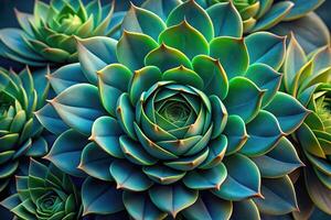 Vibrant succulents showcasing intricate patterns in a well lit environment photo