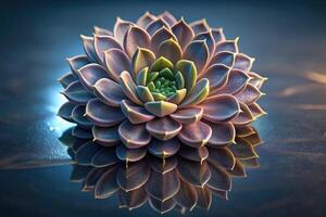 Beautiful succulent in vibrant colors resting on a reflective surface photo
