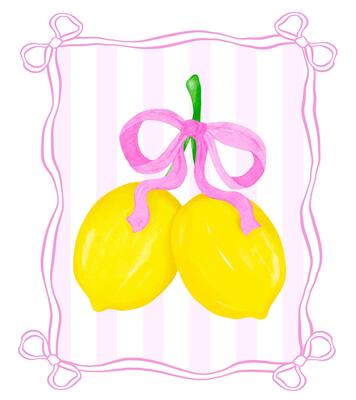 Coquette Lemons with Pink Ribbon Bow Watercolor in Preppy frame, Girly Summer Vintage wall art printable