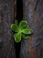 Green succulent thriving between two pieces of bark in a natural setting photo