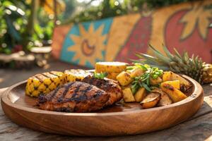 Savoring Caribbean jerk chicken with grilled pineapple and fresh greens in a tropical setting photo