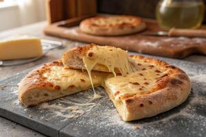 Imeretian khachapuri sliced open with melted cheese served on a rustic kitchen countertop photo