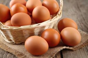 Fresh brown eggs arranged in a basket on a rustic wooden table with burlap photo