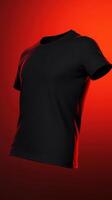 Realistic black t-shirt mockup with studio lighting on red. Clean and bold, perfect for ecommerce, branding, fashion design assets, or custom shirt presentations. photo
