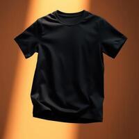 Black t-shirt mockup floating on warm spotlight background. Ideal for fashion branding, ecommerce product display, apparel design, and print-on-demand. Clean, isolated, high-resolution. photo