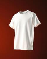 Minimal white t-shirt mockup suspended on rich red background. Ideal for print-on-demand, product showcase, and fashion marketing. Clean, blank apparel for customization. photo