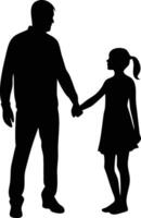 A father and daughter hold hands while looking at each other in silhouette vector
