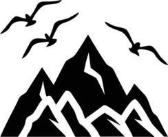 Black silhouette showcases mountains and birds in flight creating nature's simple, yet impactful design vector