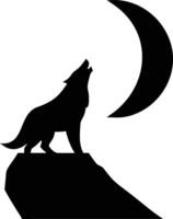 Black wolf silhouette howls at crescent moon while standing on mountain top vector