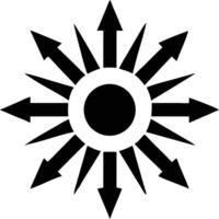 Central circle emanates multiple directional black arrows pointing outwards on a stark white background vector