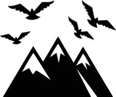 Four flying birds soar above the three snowy mountain peaks in black vector