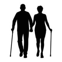 Silhouette shows an older couple walking, holding hands, and using canes for support vector
