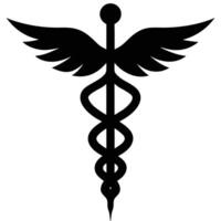 Silhouette caduceus shows a central rod intertwined by two snakes with wings extended in vector