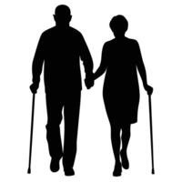 Mature couple silhouettes are walking and holding hands, supported by canes on a plain backdrop vector