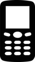 A black cell phone with a white screen features numeric keypad buttons below vector