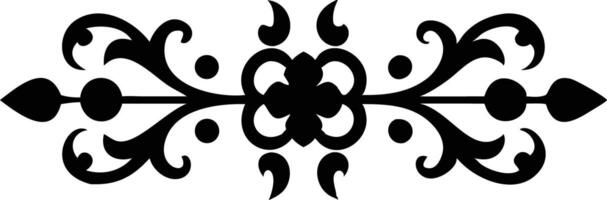 Symmetrical black ornamental flourish features floral elements, curves, and pointed ends on the horizontal divider vector