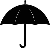 Single black umbrella displays a rounded canopy atop a curved handle against white vector